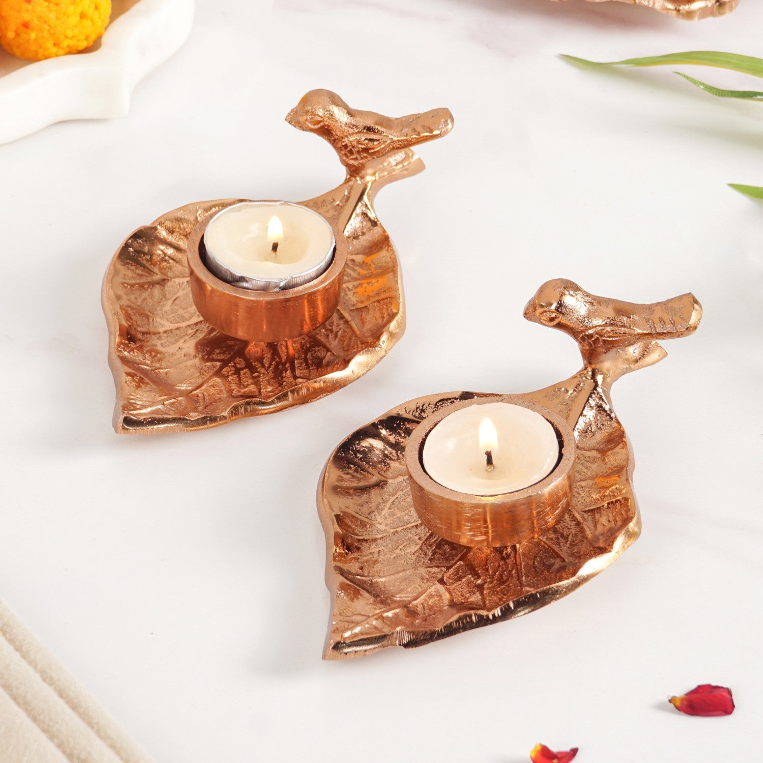 NestGlow Bird Leaf Tealight Candle Holder Set Of 2 Rose Gold