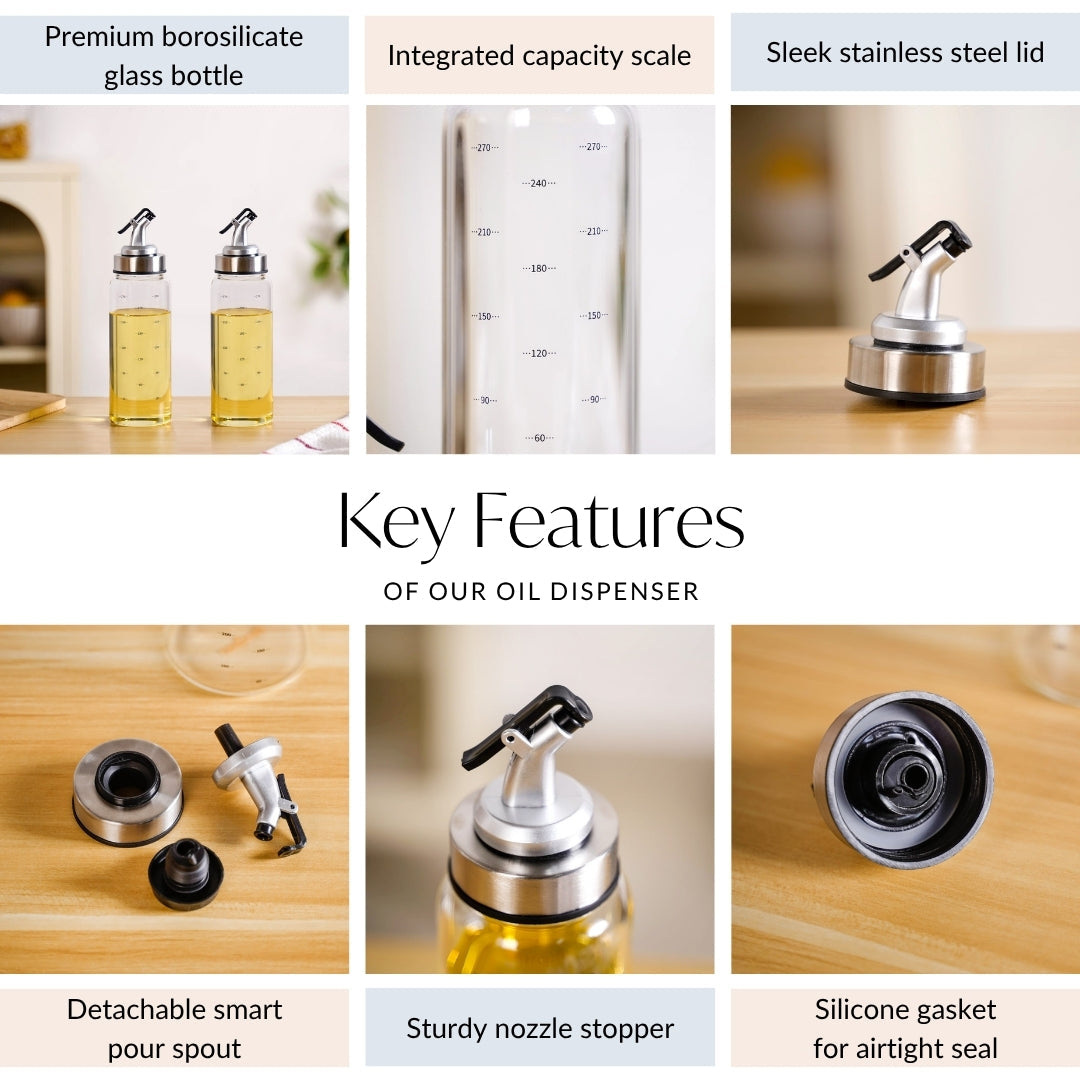Oil Dispenser Bottle With Stainless Steel Covered Nozzle Set Of 2 300ml