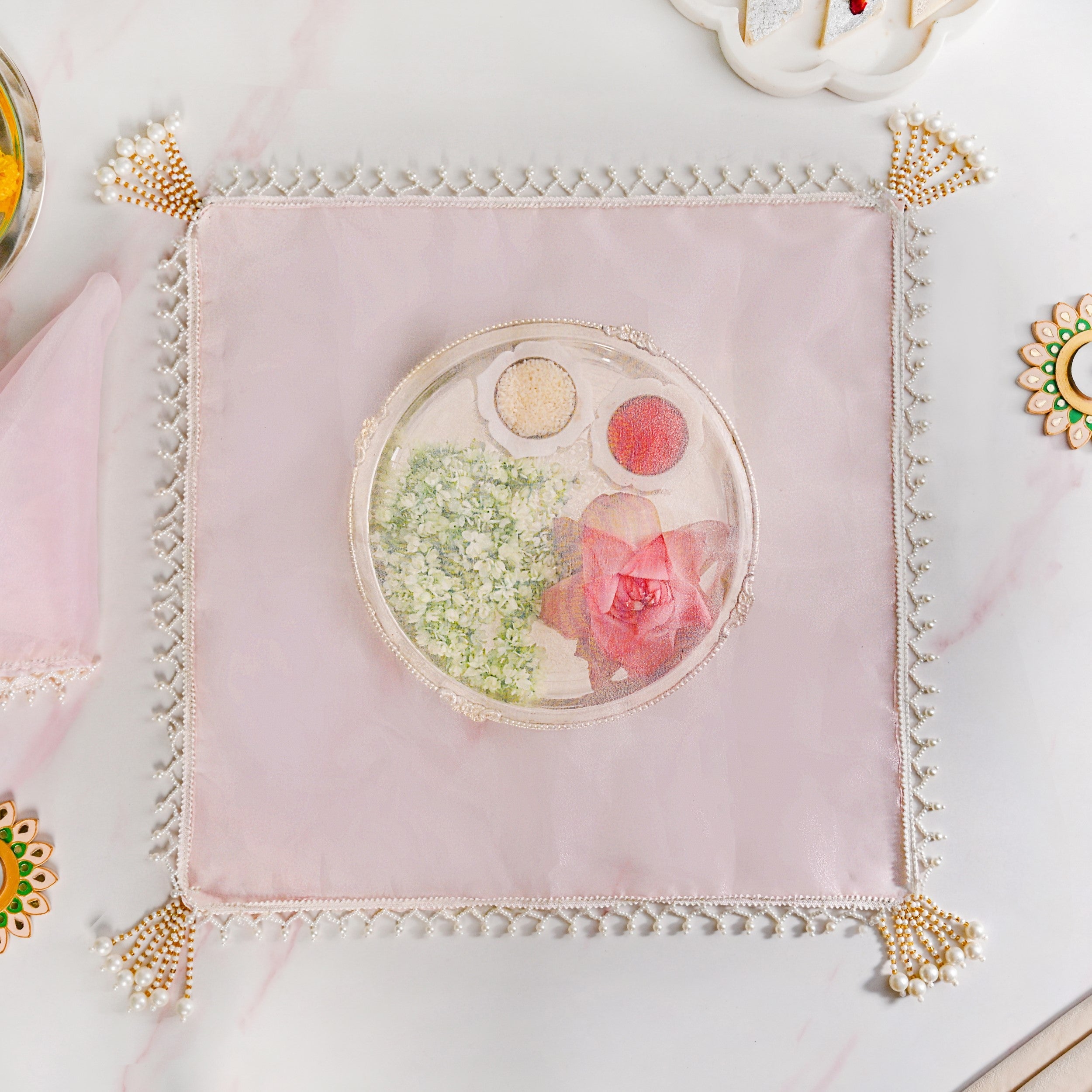 Pastel Pink Tray Cover With Tassels Set Of 2