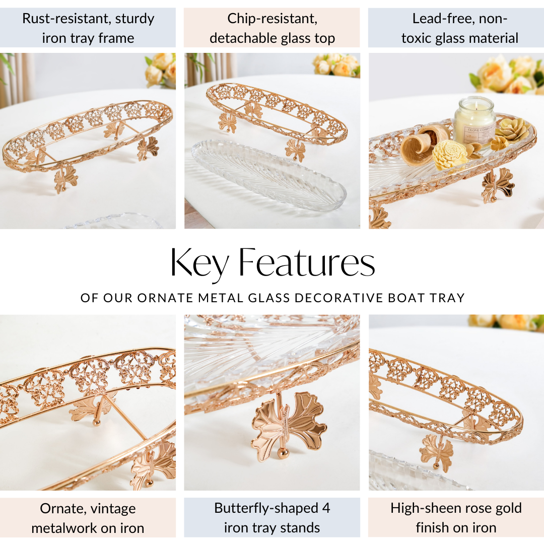 Ornate Metal Glass Decorative Boat Tray