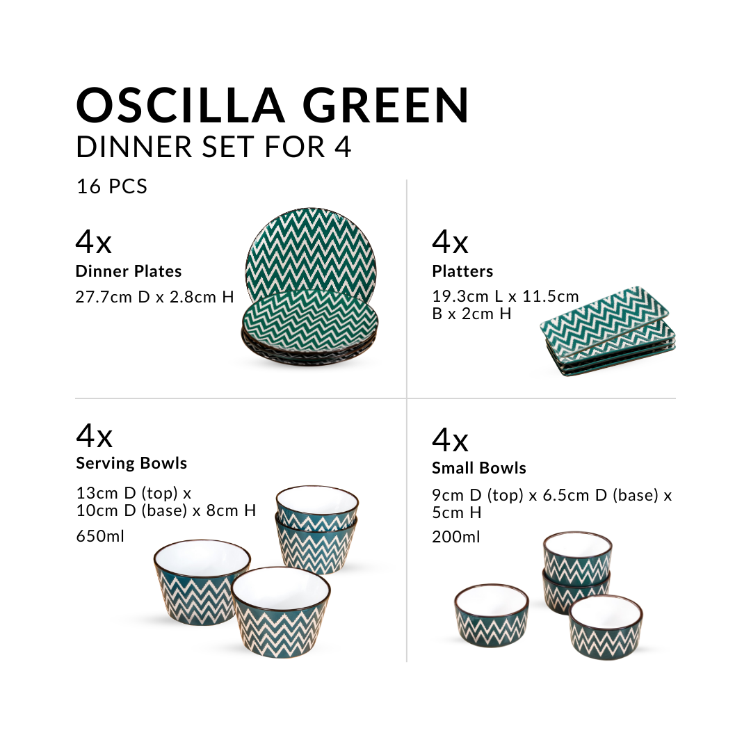 Oscilla Green 16 Piece Ceramic Dinner Set For 4