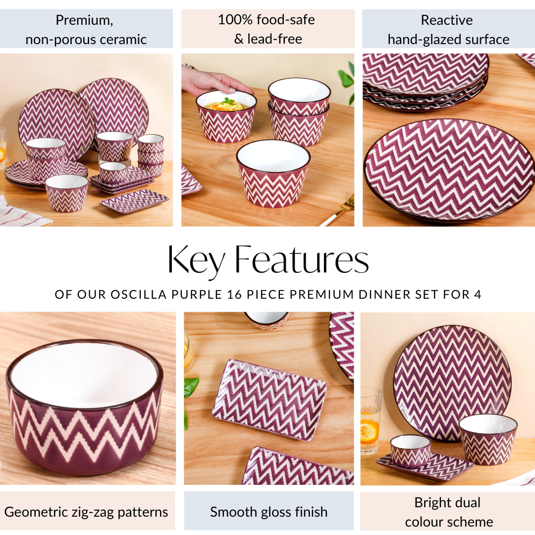 Oscilla Purple 16 Piece Premium Dinner Set For 4