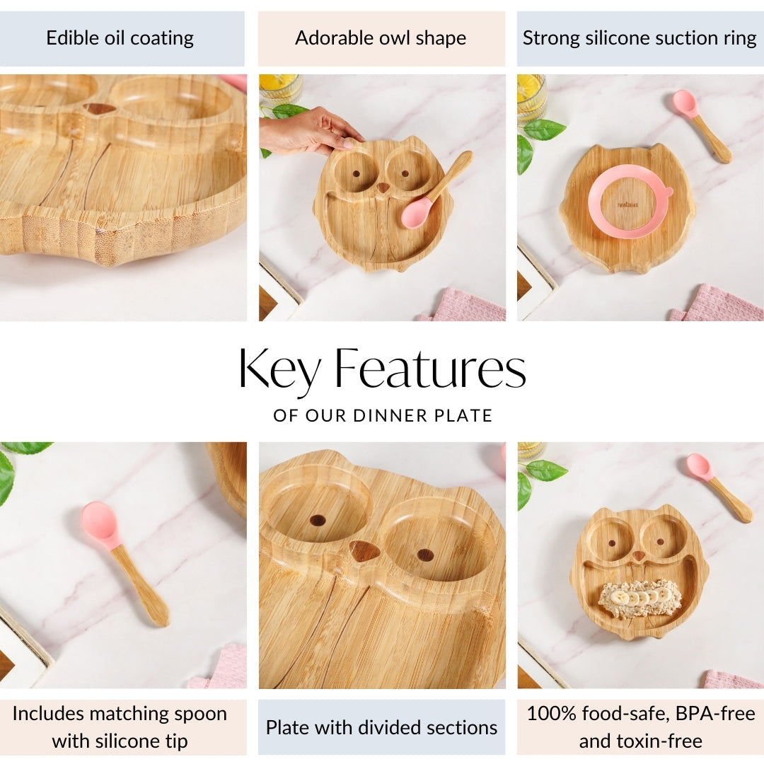 Owl Suction Base All Natural Bamboo Divided Plate Silicon Spoon Set