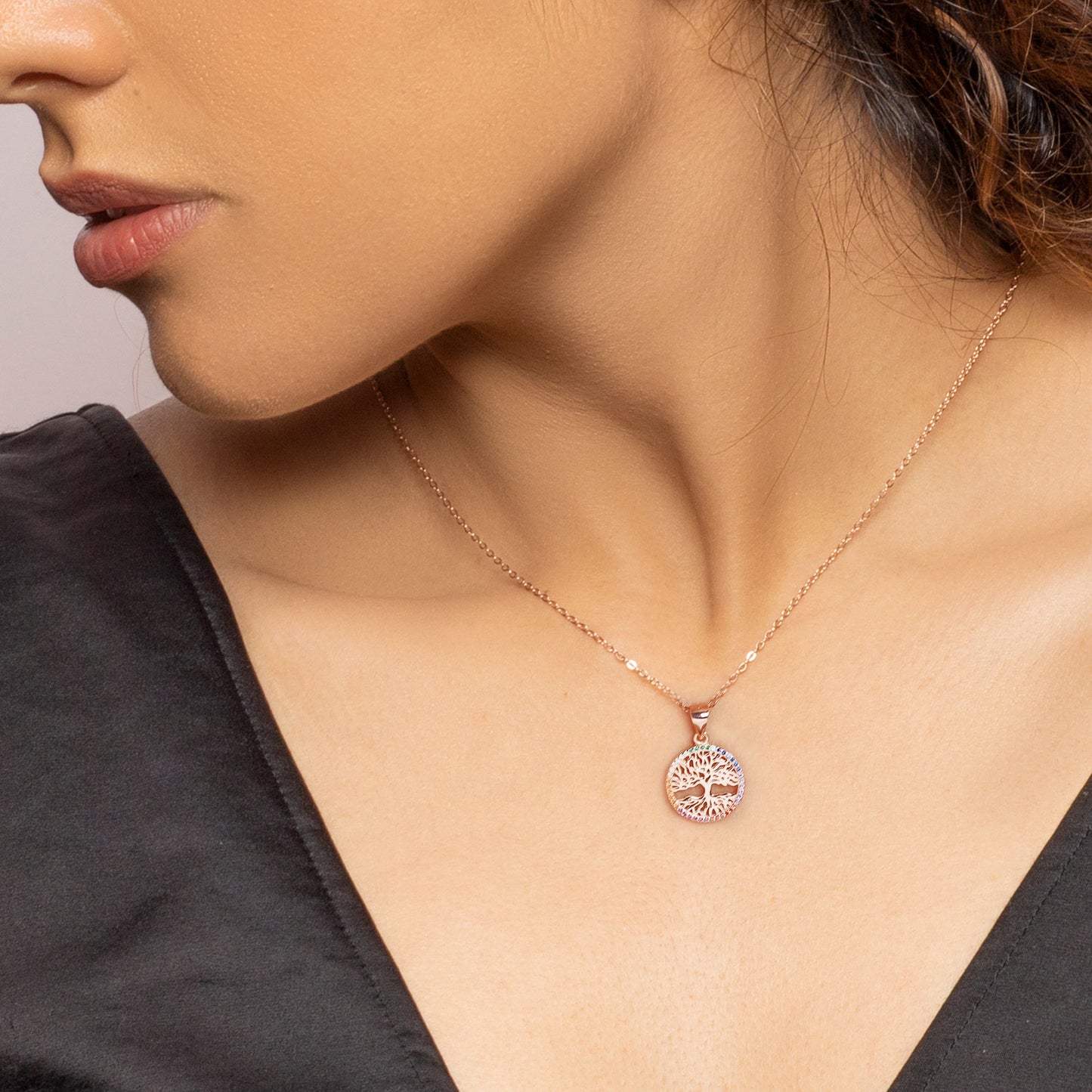 Rose Gold Rainbow Tree of Life Pendant with Link Chain