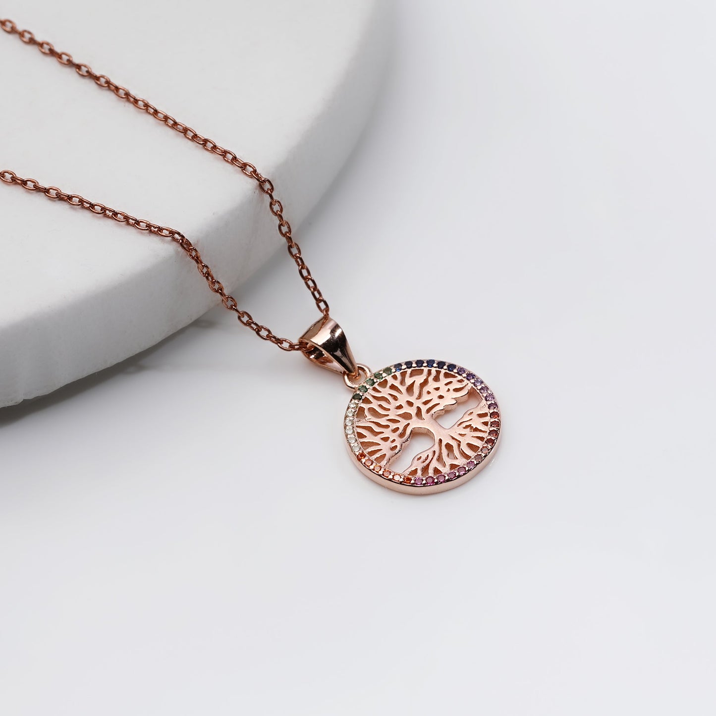 Rose Gold Rainbow Tree of Life Pendant with Link Chain