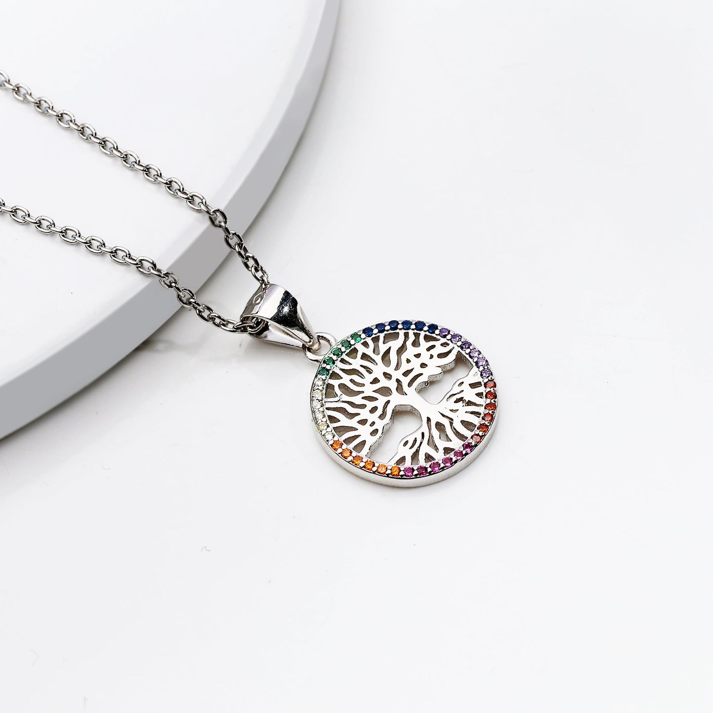 Silver Rainbow Tree of Life Pendant with Link Chain