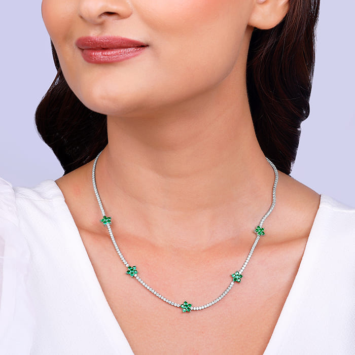 Silver Green Floral Necklace