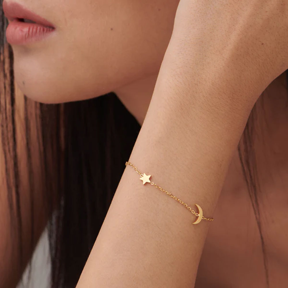 Two-Layered Heart Charm Necklace & Star Moon Bracelet Combo Set