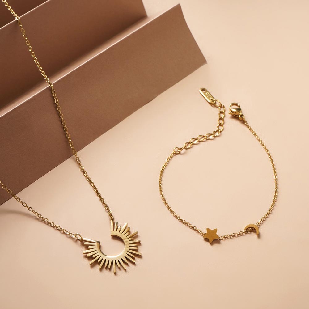 Star Moon Bracelet & Sun Rays Necklace Combo Set