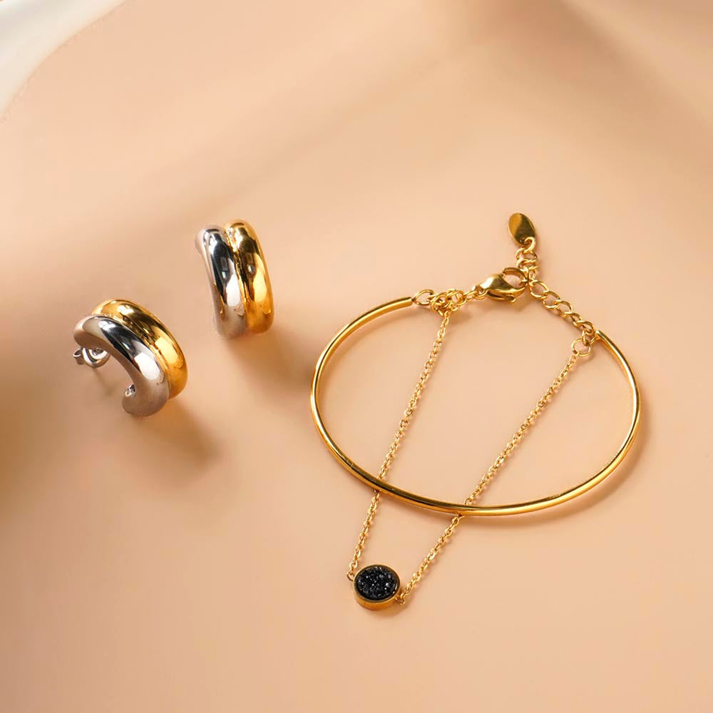 Golden Silver Chunky Hoop Earrings & Double Layer Stone Cuff Bracelet Combo Set