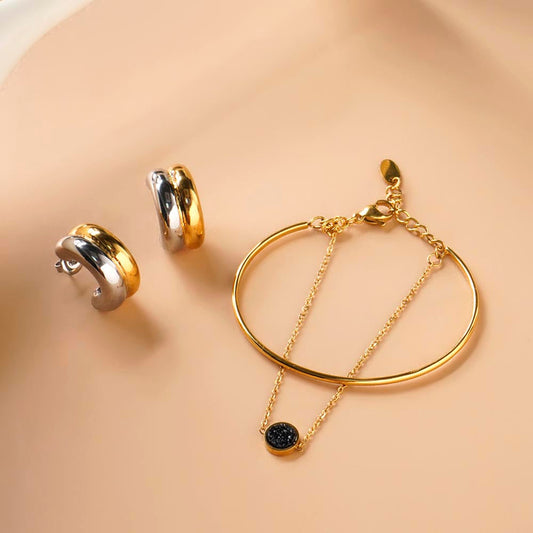 Golden Silver Chunky Hoop Earrings & Double Layer Stone Cuff Bracelet Combo Set
