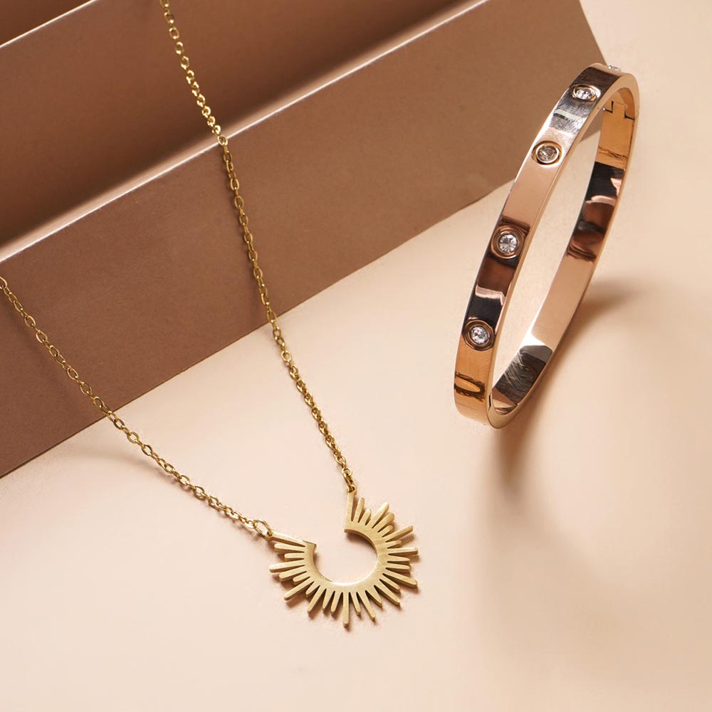 Sun Rays Necklace & Crystal Love Bangle Bracelet Combo Set