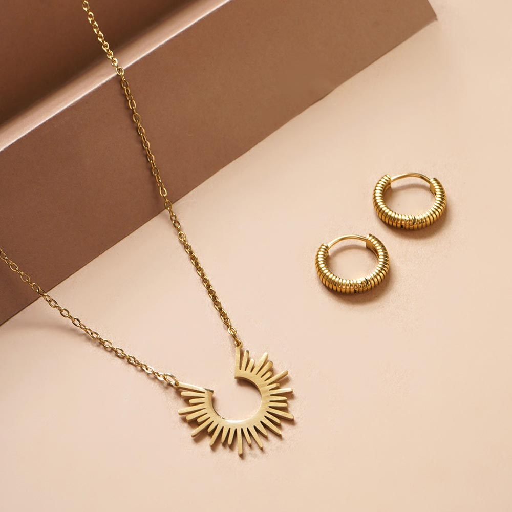 Sun Rays Necklace & Classic Textured Hoops Combo Set