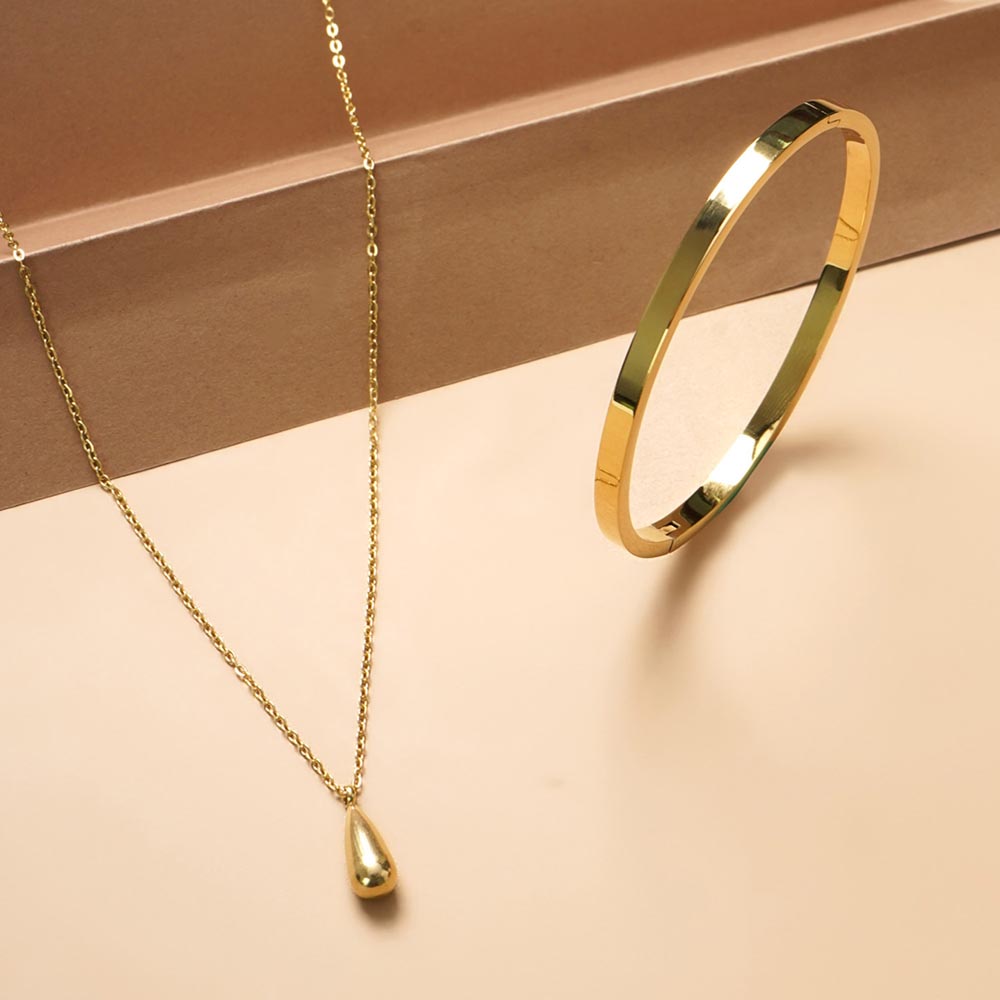 Thin Drop Necklace & Plain Stackable Bangle Bracelet |4MM Combo Set