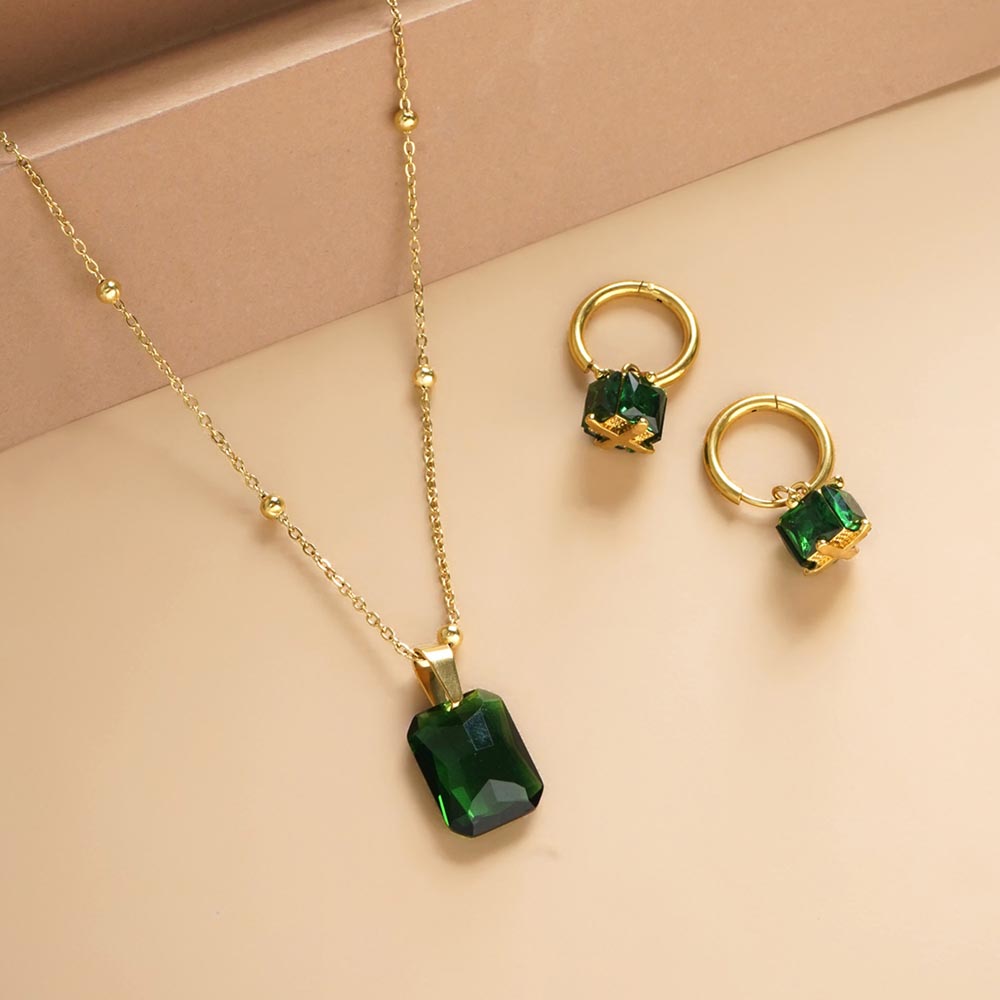 Emerald Hoop Earrings & Dazzling Emerald Necklace Jewellery Set