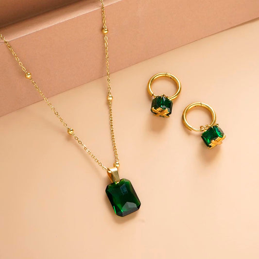 Emerald Hoop Earrings & Dazzling Emerald Necklace Jewellery Set