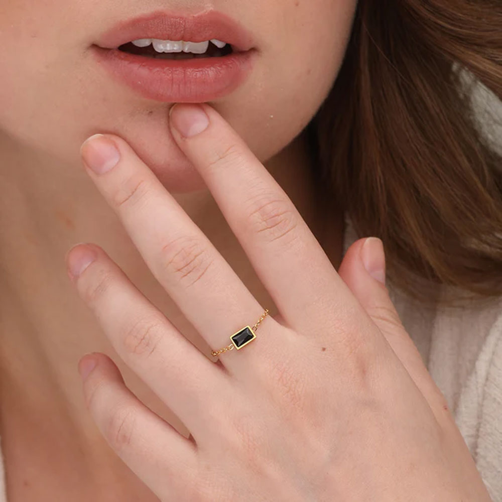 Golden Infinity Necklace & Dainty Black Stone Chain Ring Gift set