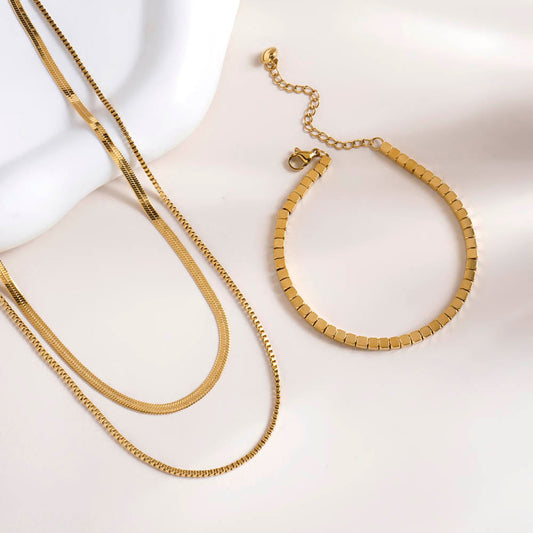Gold Cube Chain Bracelet & Double Chain Delight Necklace Combo Set