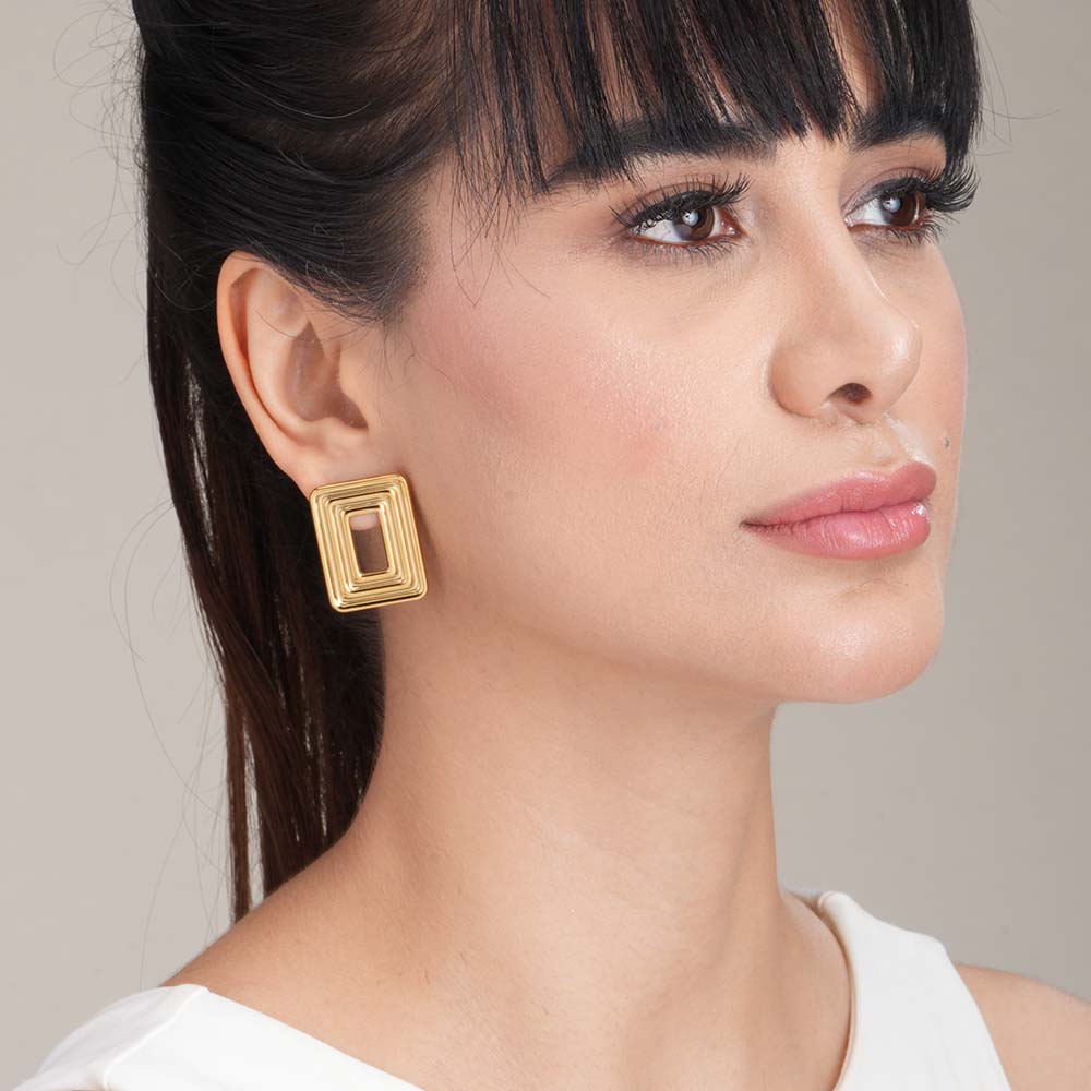 Rectangular Gold Statement Stud Earrings