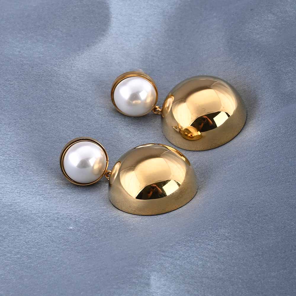 Gold Dome Drop Earrings with Pearl