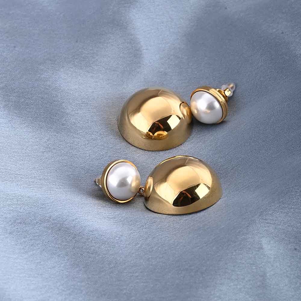 Gold Dome Drop Earrings with Pearl