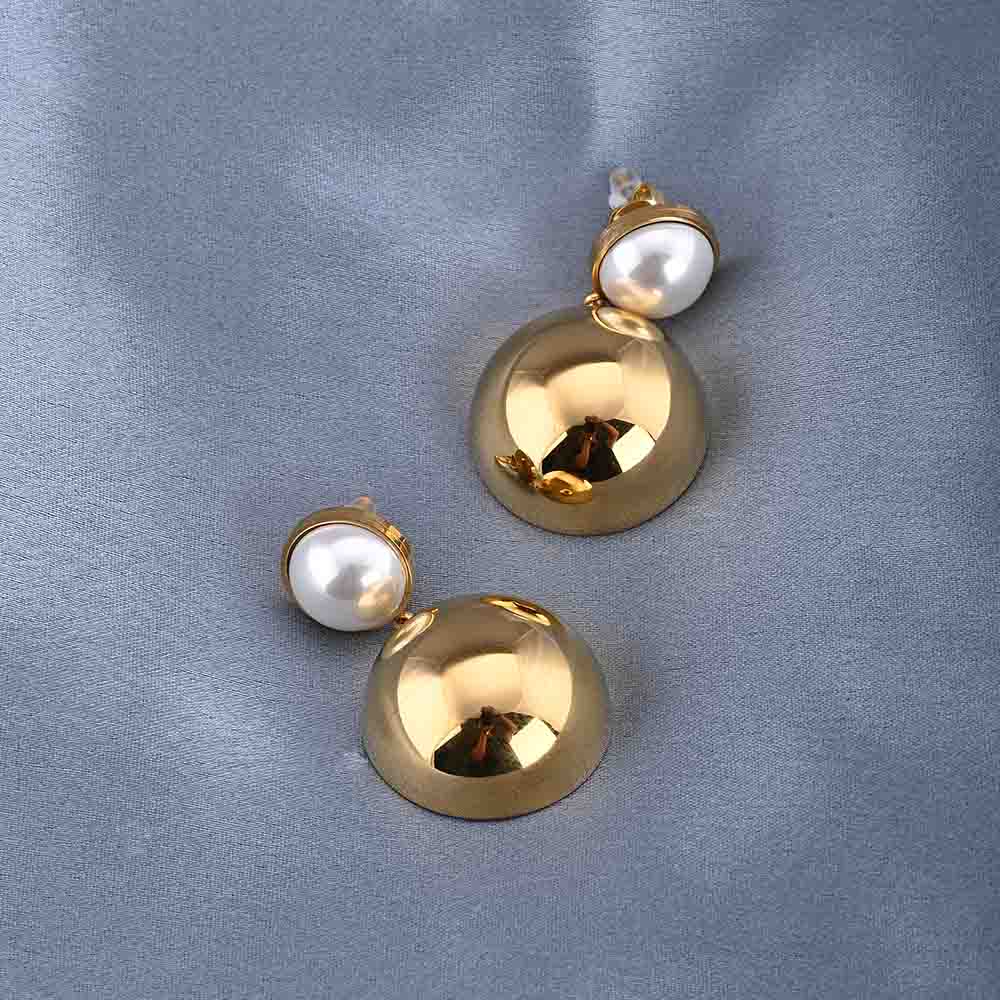 Gold Dome Drop Earrings with Pearl