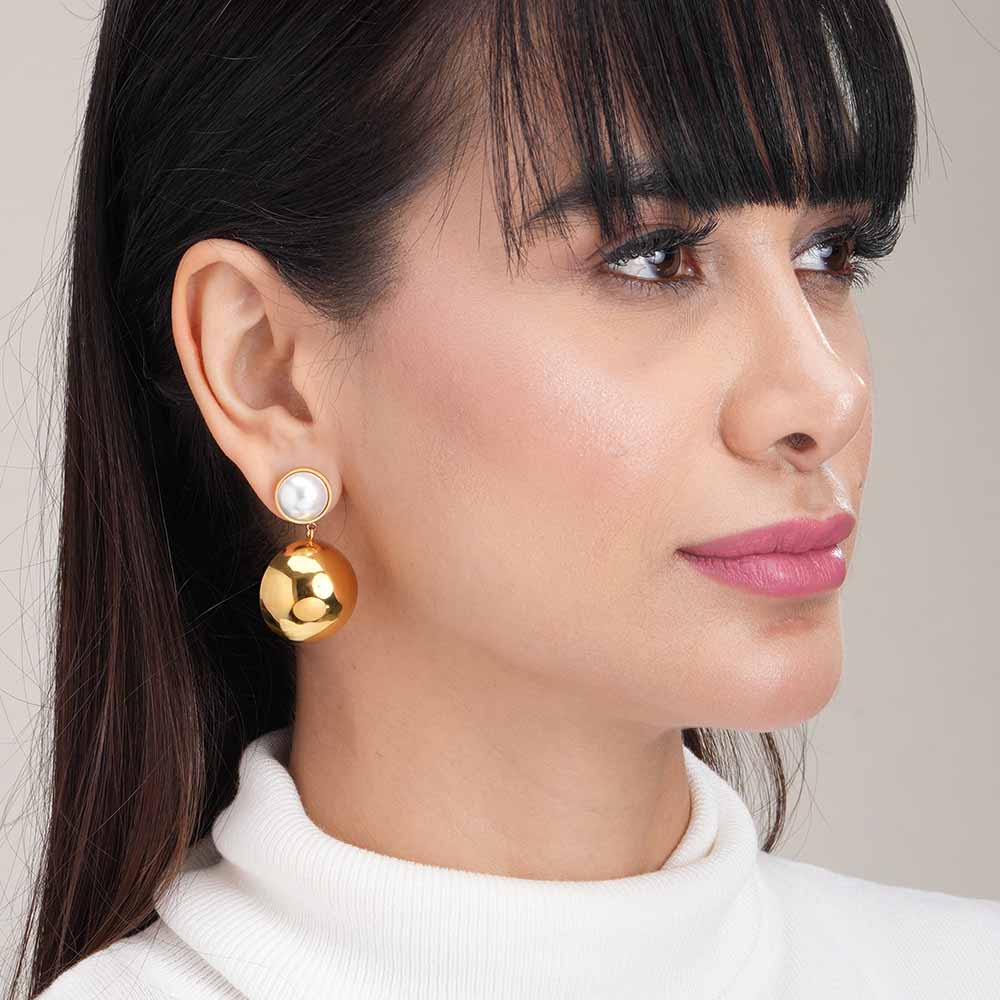 Gold Dome Drop Earrings with Pearl