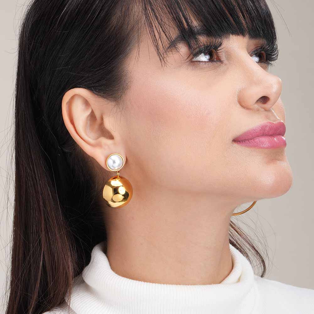 Gold Dome Drop Earrings with Pearl
