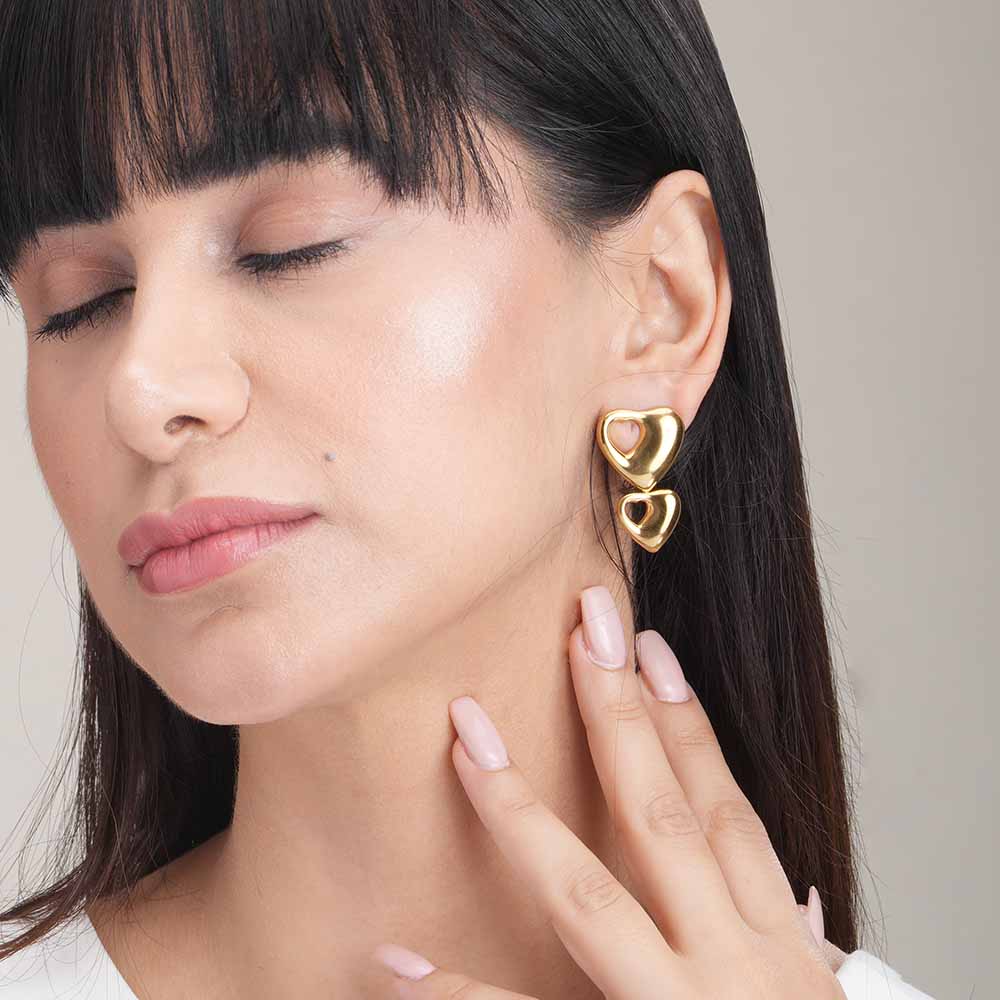 Sculpted Heart Gold Drop Earrings