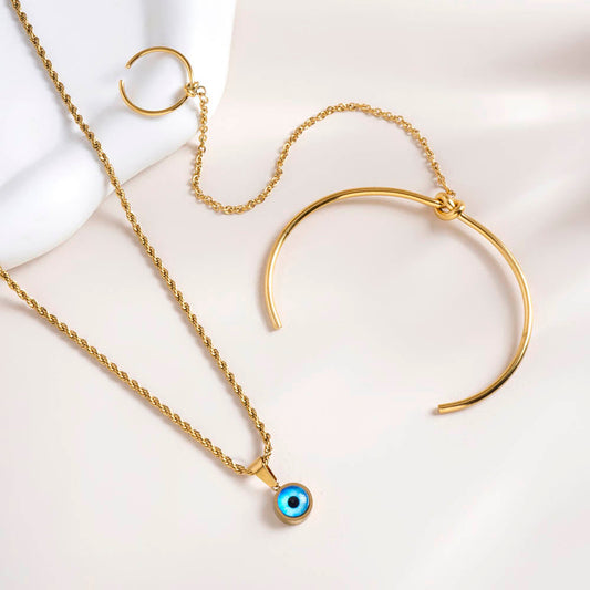 Evil-Eye Spiral Necklace & Cuff Bracelet With Ring Combo Set