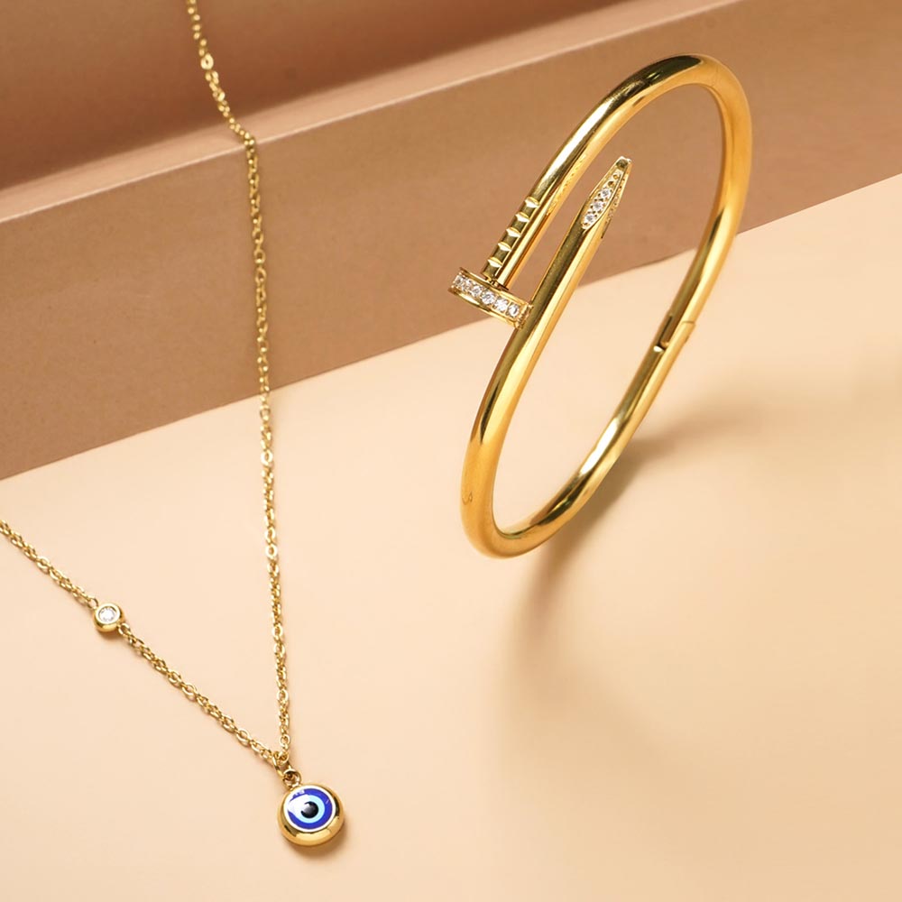 Evil Eye Necklace & Nail Bangle Bracelet Combo Set