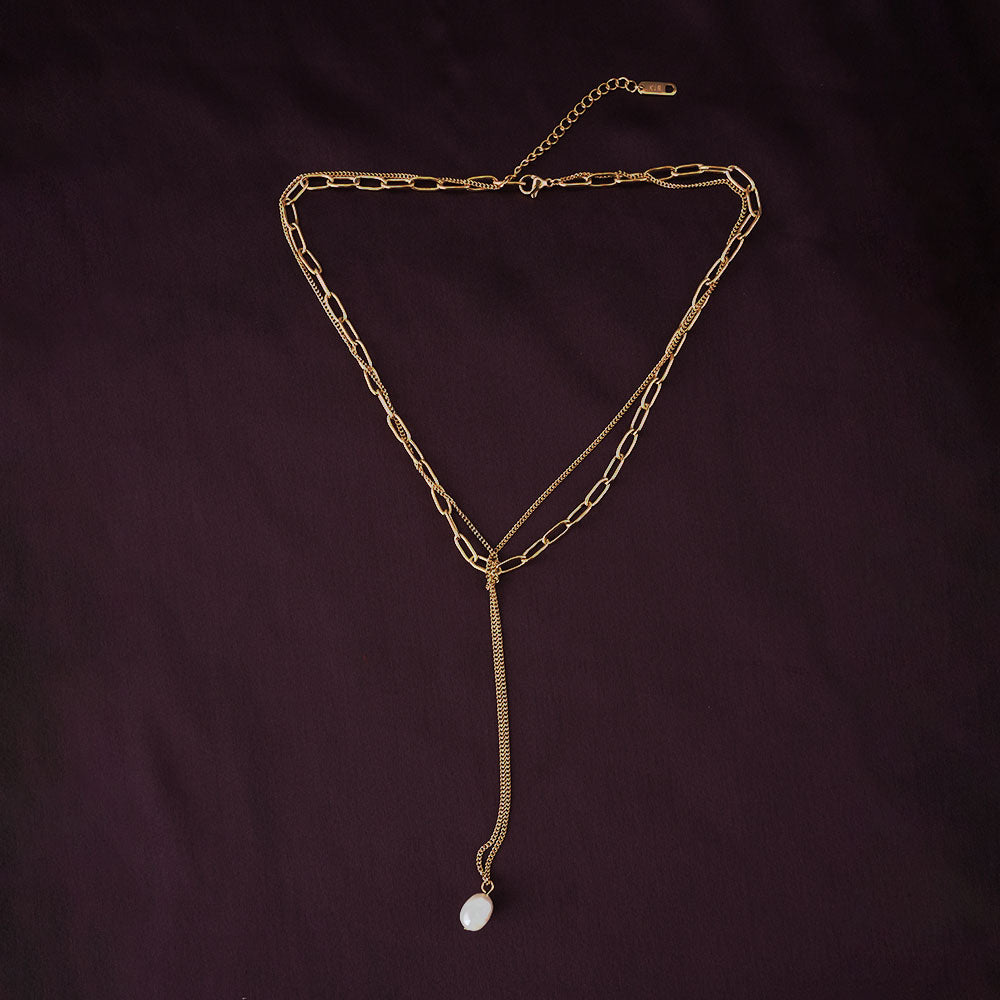 Layered Chain Necklace with Pearl Drop