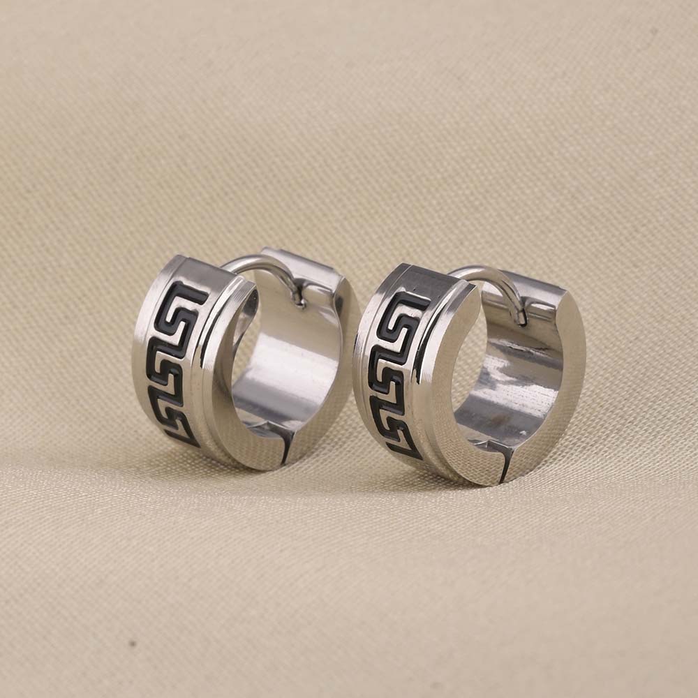 Greek Key Design Silver Hoop Earrings