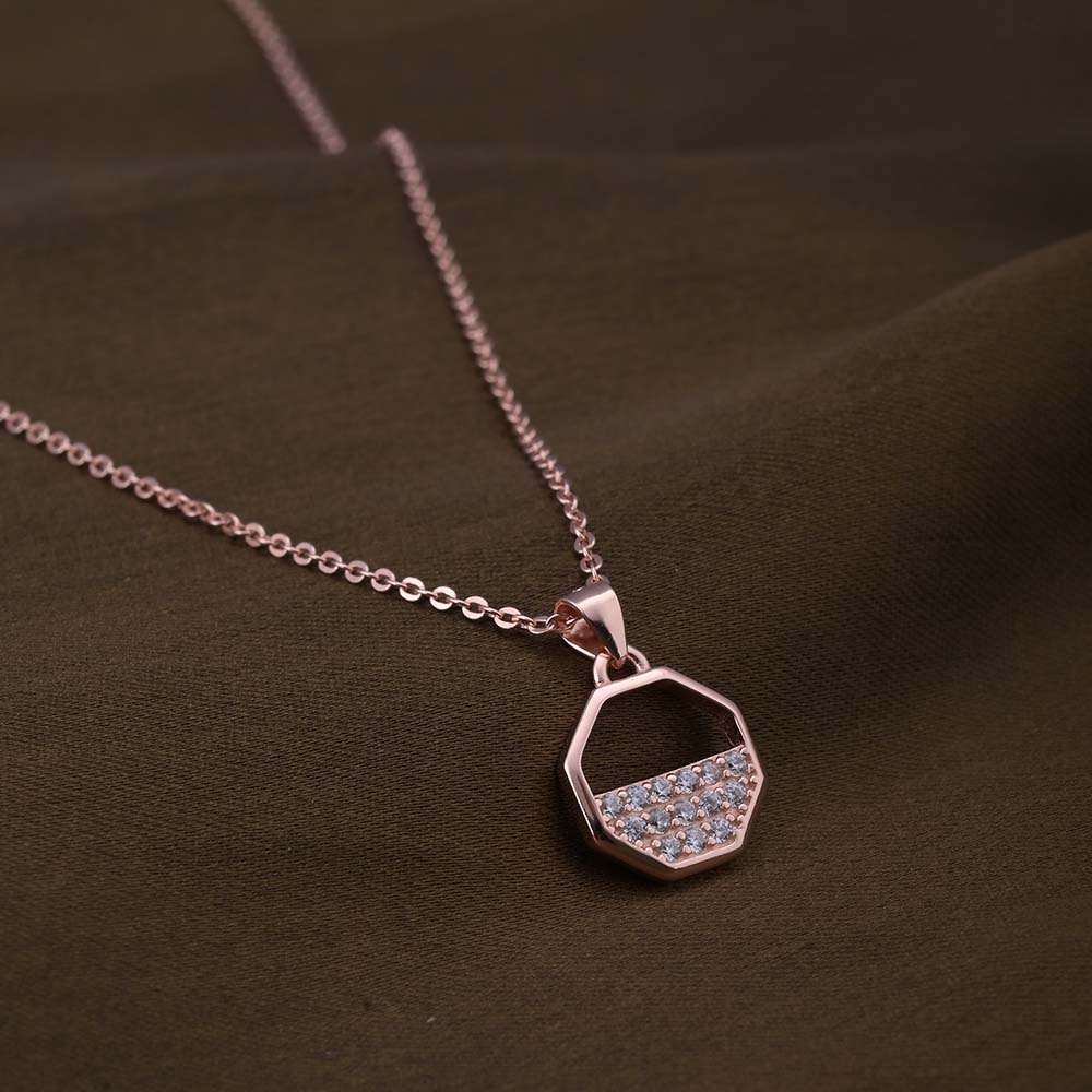 Zircon-Studded Octagon Necklace | Rose Gold