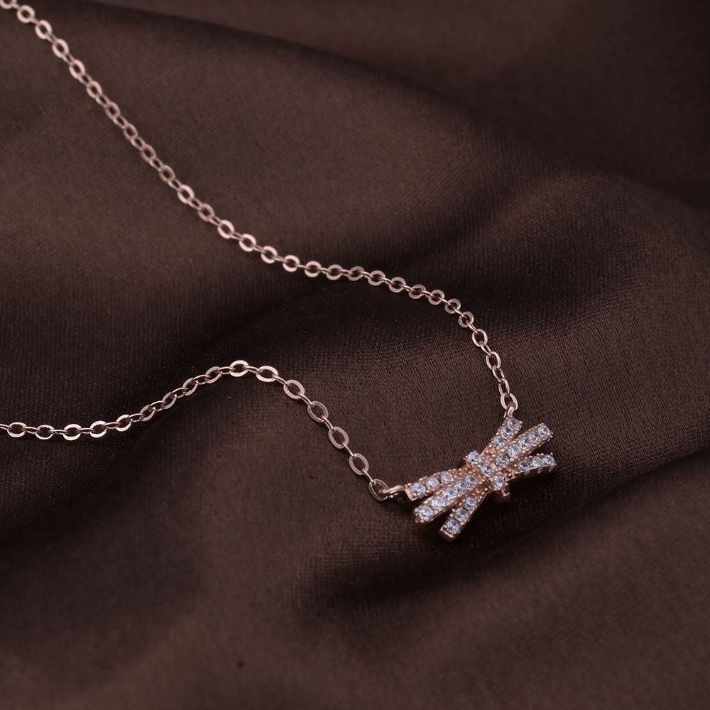 Zircon-Studded Bow Necklace | Rose Gold
