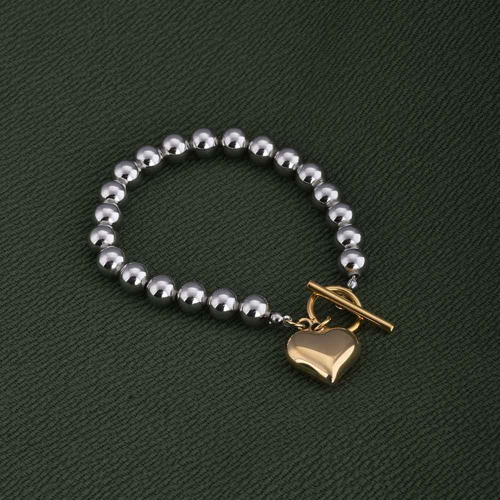 Silver Bead Bracelet with Gold Heart Charm
