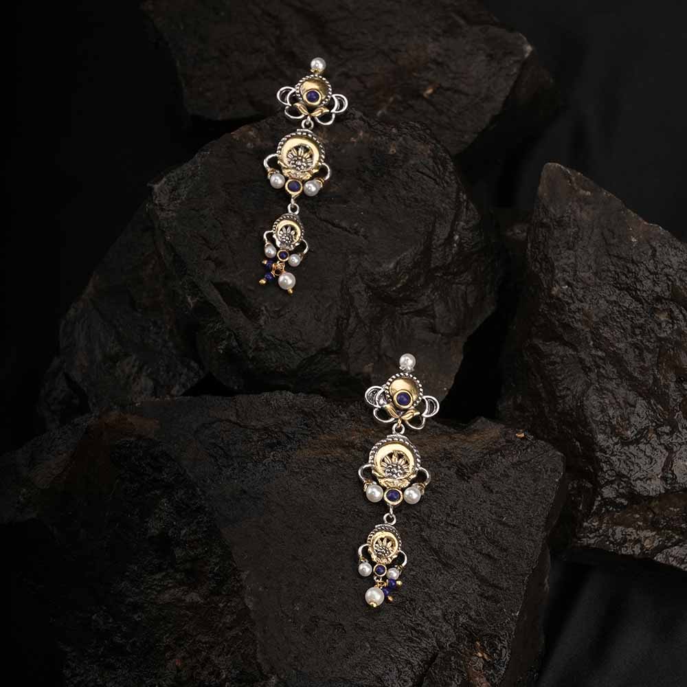 Three Motive Dual Tone Silver & Pearl Earrings
