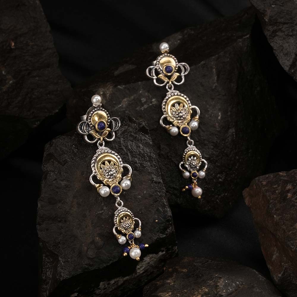 Three Motive Dual Tone Silver & Pearl Earrings