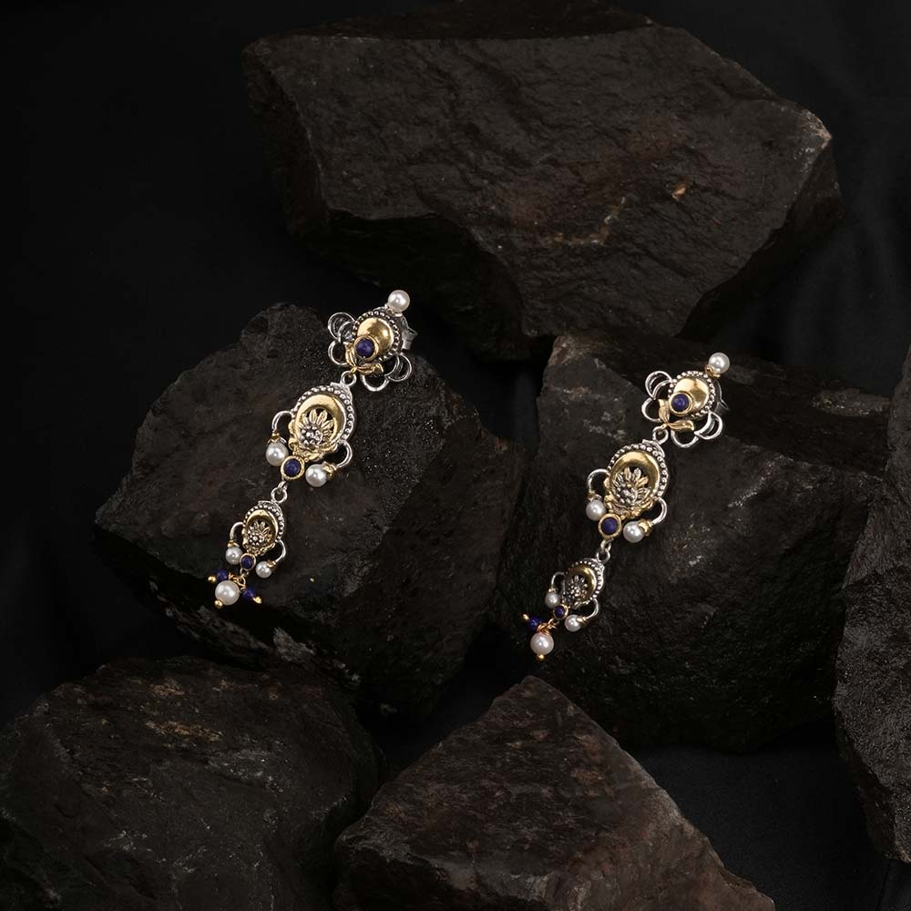 Three Motive Dual Tone Silver & Pearl Earrings