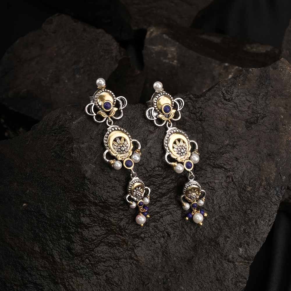Three Motive Dual Tone Silver & Pearl Earrings