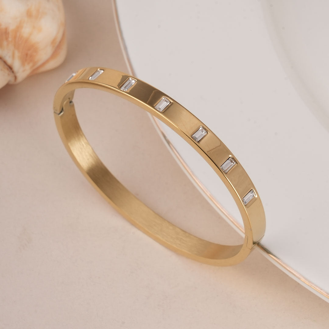 Gold Rectangle Diamond Bangle Bracelet