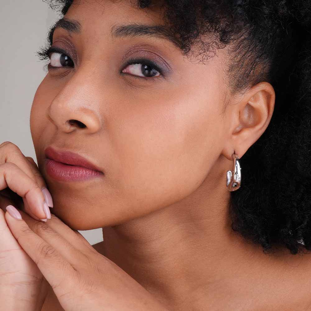 Silver Cashew Diamond Hoop Earrings