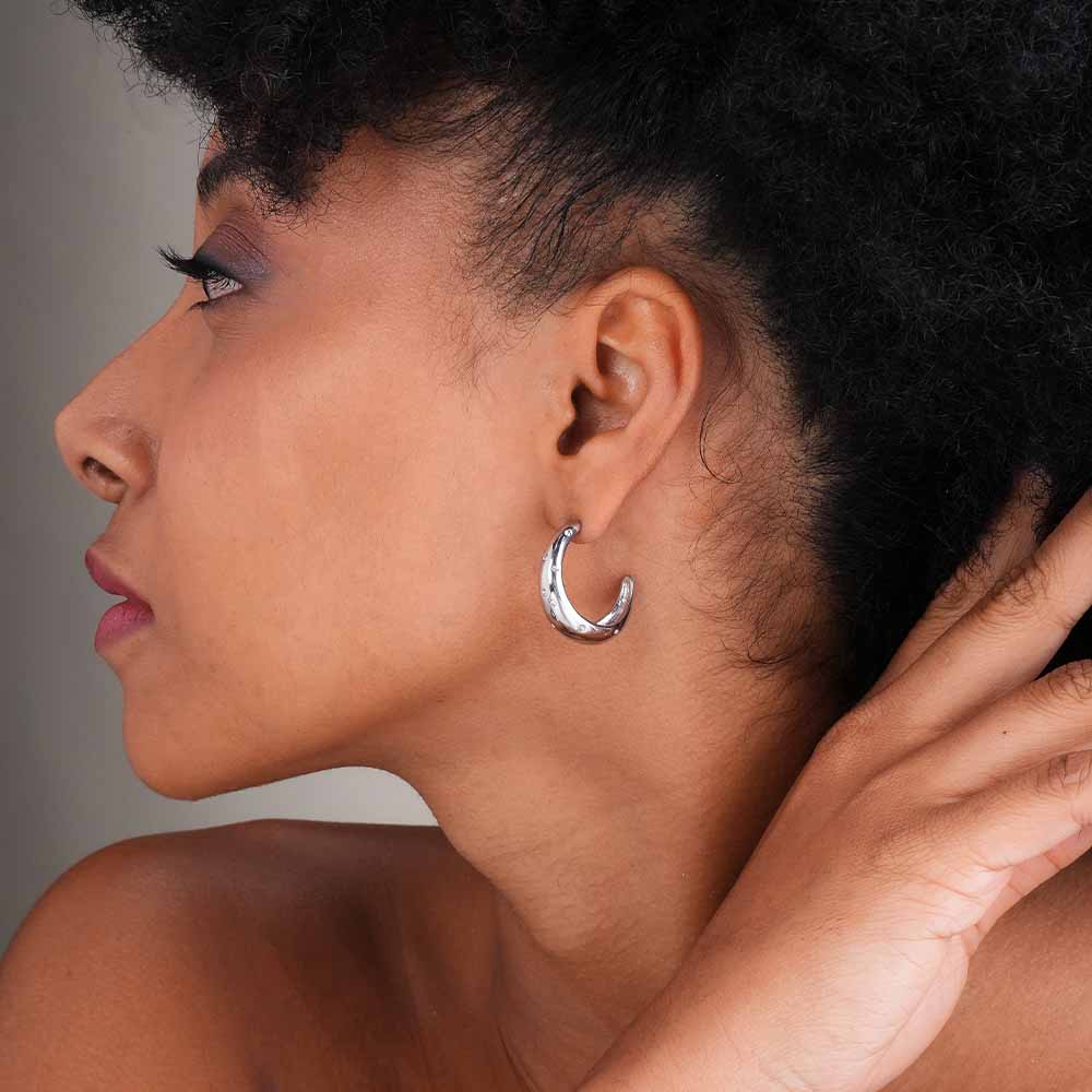 Silver Cashew Diamond Hoop Earrings