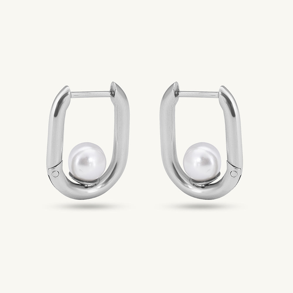 Silver U Pearl Hoop Earrings