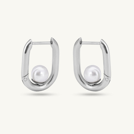 Silver U Pearl Hoop Earrings