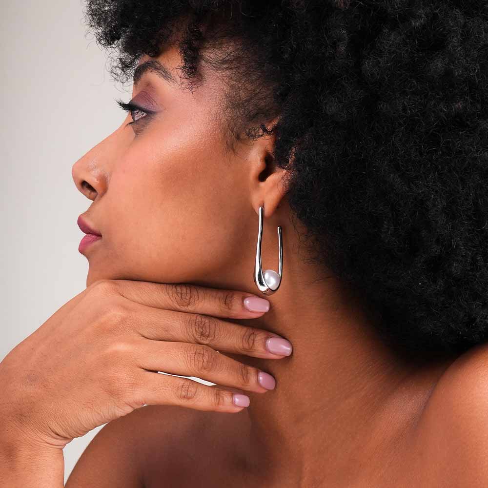 Silver Pearl Open Hoop Earrings