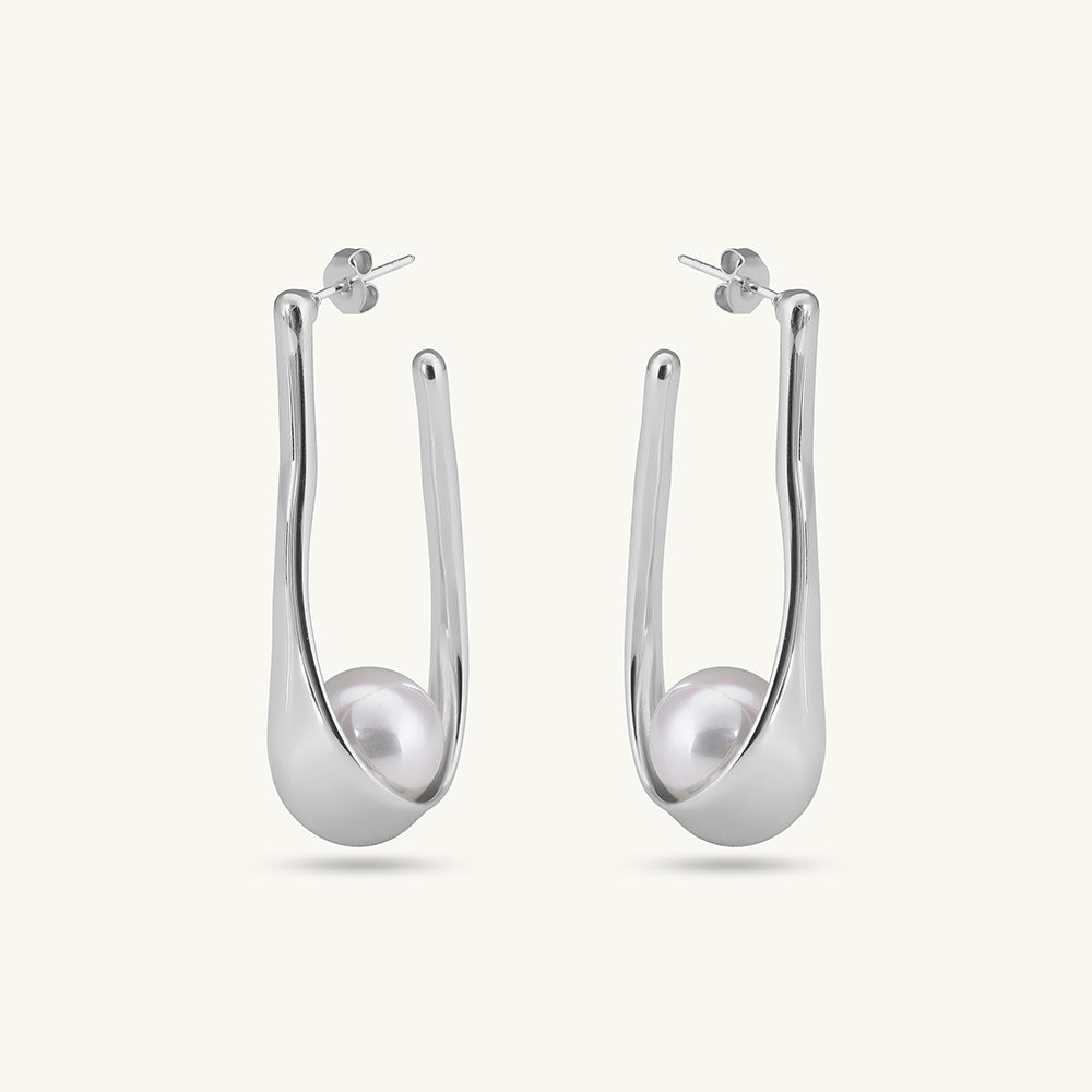 Silver Pearl Open Hoop Earrings