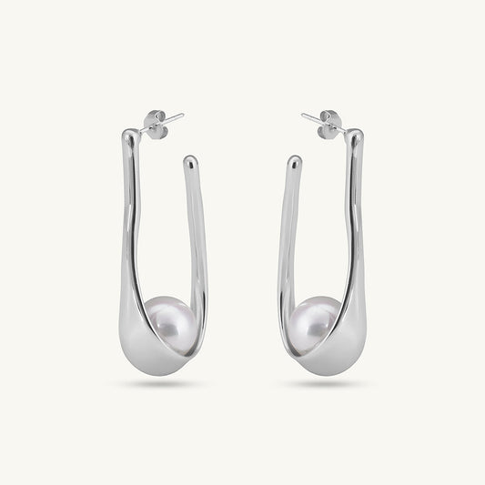 Silver Pearl Open Hoop Earrings