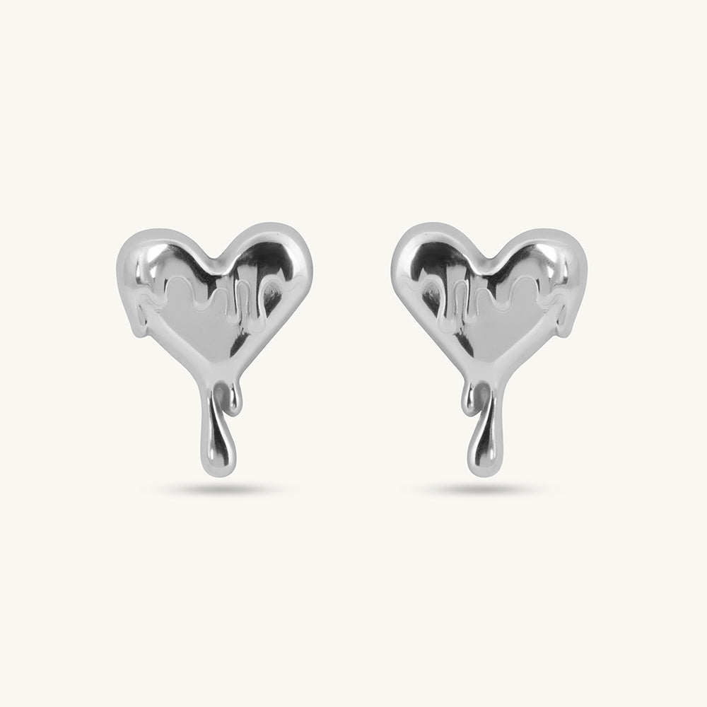 Silver Dripping Heart Stud Earrings