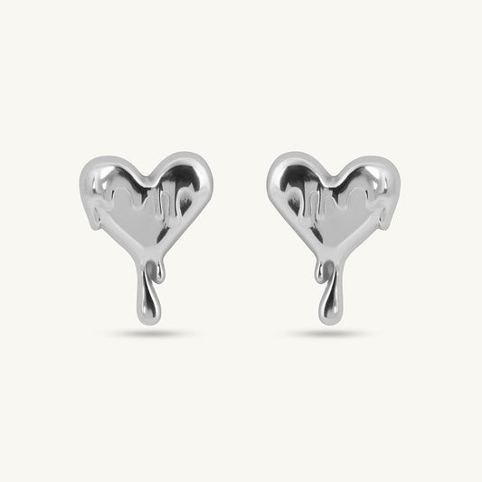 Silver Dripping Heart Stud Earrings